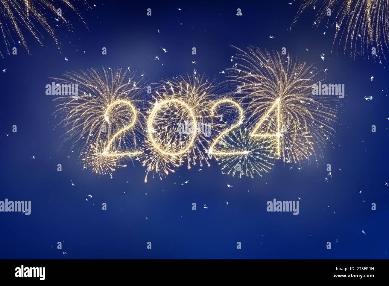 2024 Happy new year party. Fireworks in night sky on new year eve ...