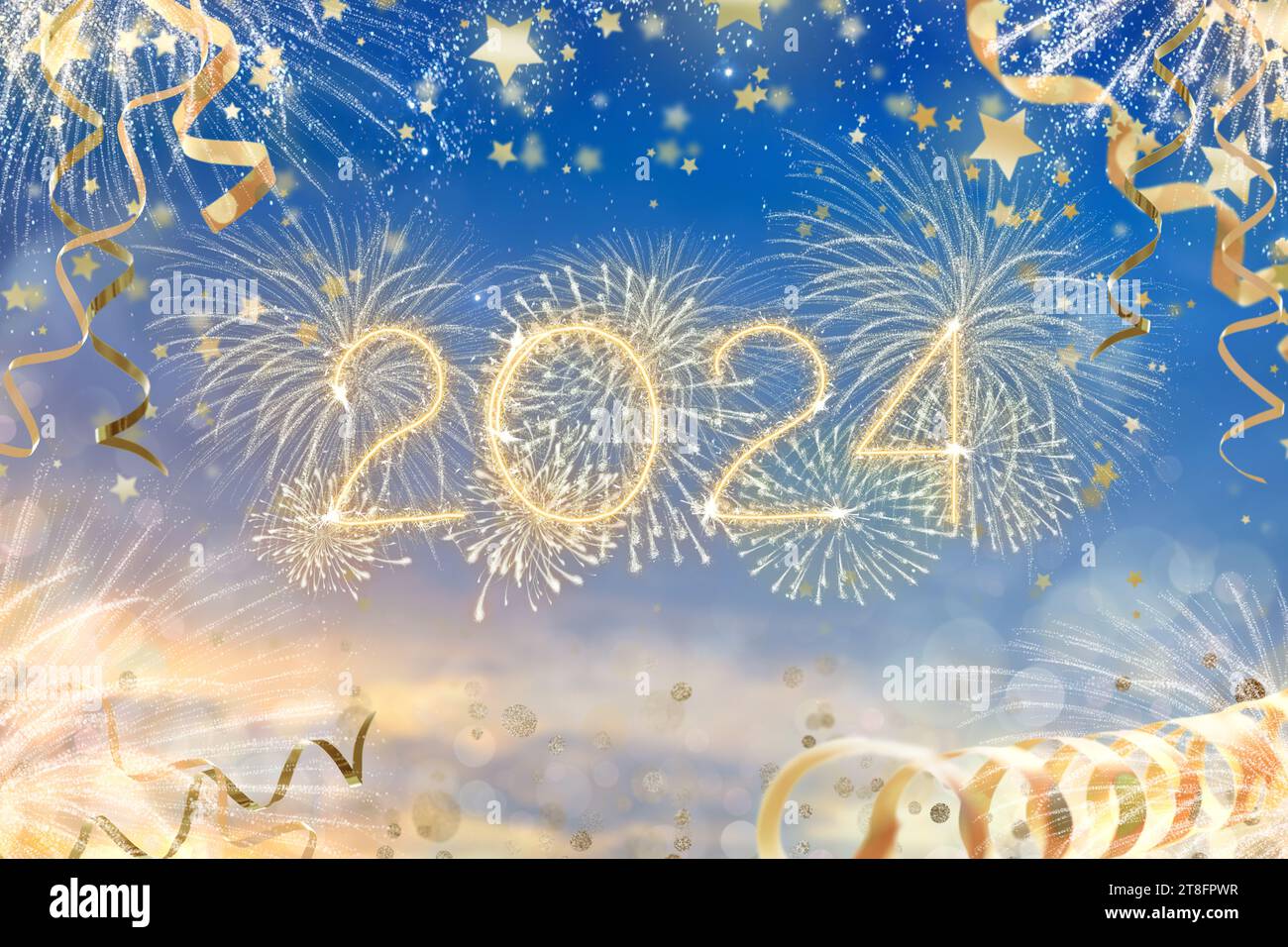 2024 Happy new year party. Fireworks in night sky on new year eve