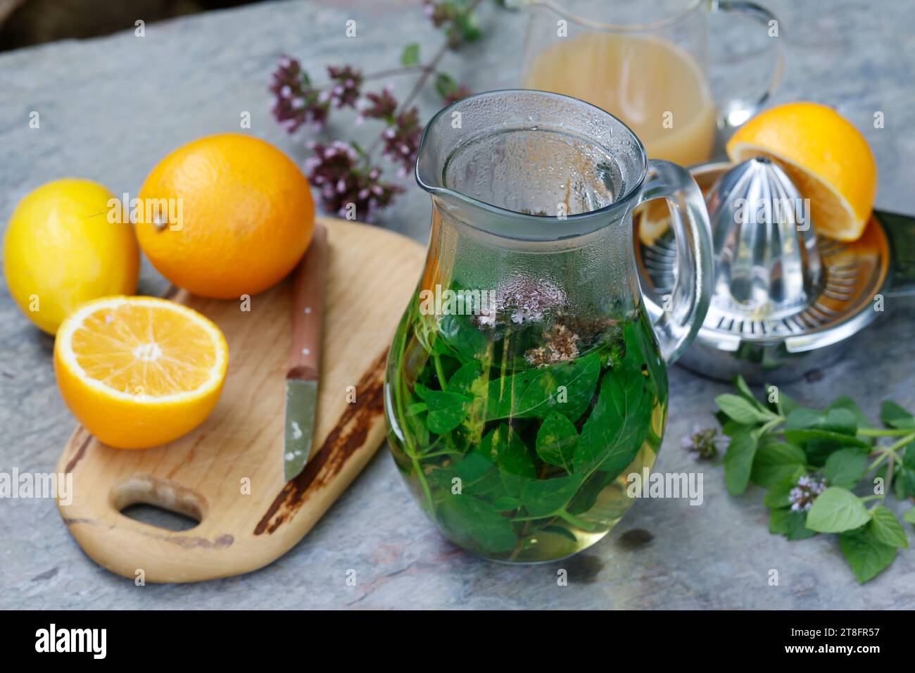 Eistee, Eis-Tee aus Kräutertee gemischt mit Apfelsaft, Saft von Orange, Saft von Zitrone, Iced Tea, ice tea  Schritt 1: Zutaten - Kräutertee, Apfelsaf Stock Photo