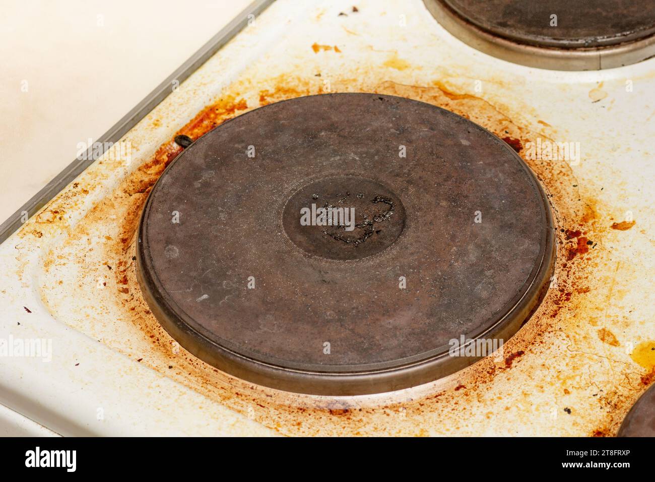 Dirty white electric stove with fat Stock Photo
