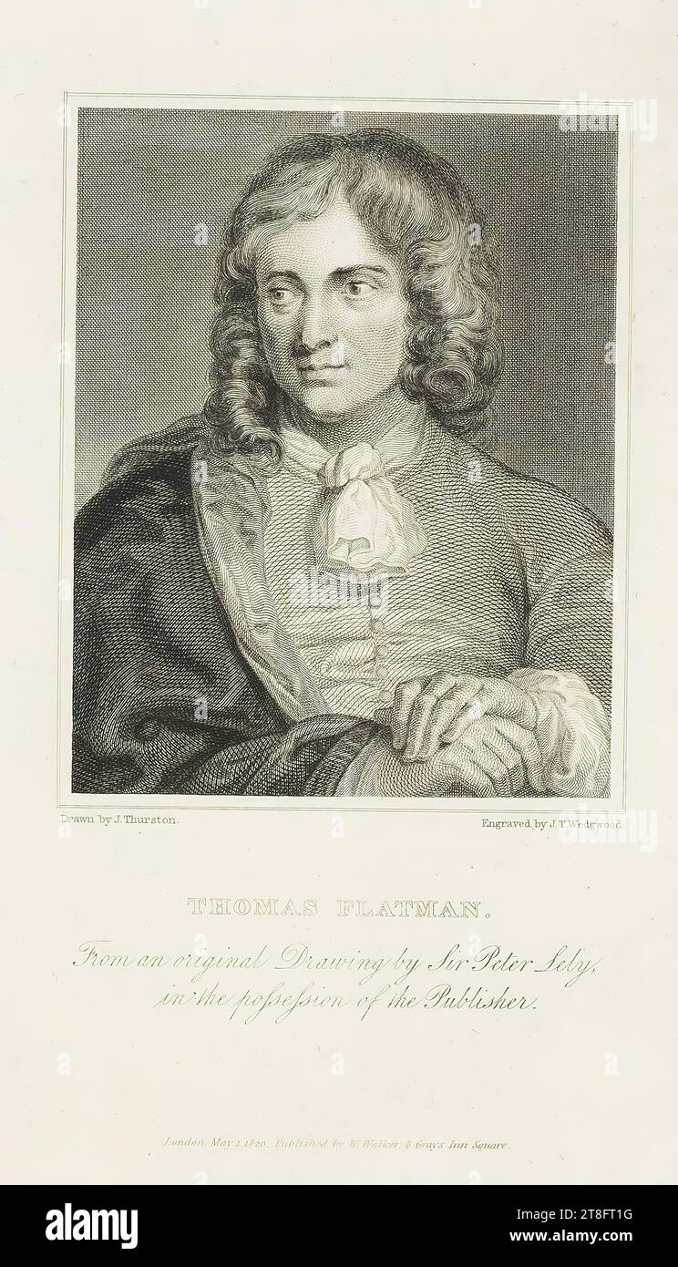 Drawn by J. Thurston. Engraved by J. T. Wedgwood. THOMAS FLATMAN. From an original Drawing by Sir Peter Lely, in the possession of the Publisher. London, May 1, 1820: Published by W. Walker, 8 Grays Inn Square Stock Photo