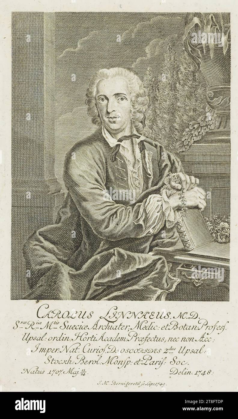 CAROLUS LINNAEUS M.D., S.ræ R.iæ M.tis Sueciæ Archiater, Medic: et Botan: Profess., Upsal: ordin. Horti Academ: Prefect; nor Acc:, Imper: Nat. I am curious. DIOSCORIDES 2dus Upsal:, Stockh: Berol: Monsp: et Paris: Soc., Natus 1707 Maj 13,24, Delin. 1748: J.M. Bernigeroth sc. Lips 1749 Stock Photo