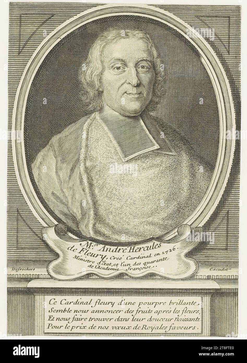 Msgr. André Hercules, of Fleury, created Cardinal in 1726., Minister of State, in one of the forty, of the Académie Françoise. Desrochers excudites. This cardinal fleury of a brilliant purple, Seems to announce fruits to us after the flowers, And to make us find in their nascent sweetness, For the price of our wishes, Royal favours Stock Photo