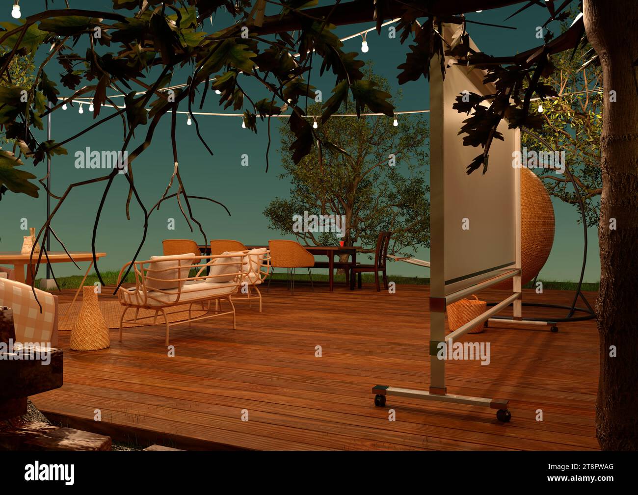 3D rendering of an outdoor patio lounge at night Stock Photo - Alamy