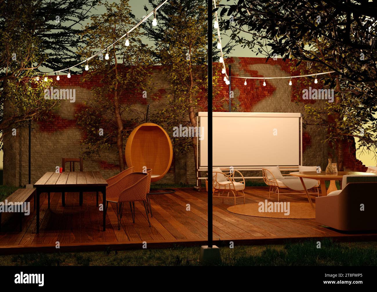 3D rendering of an outdoor patio lounge at night Stock Photo - Alamy