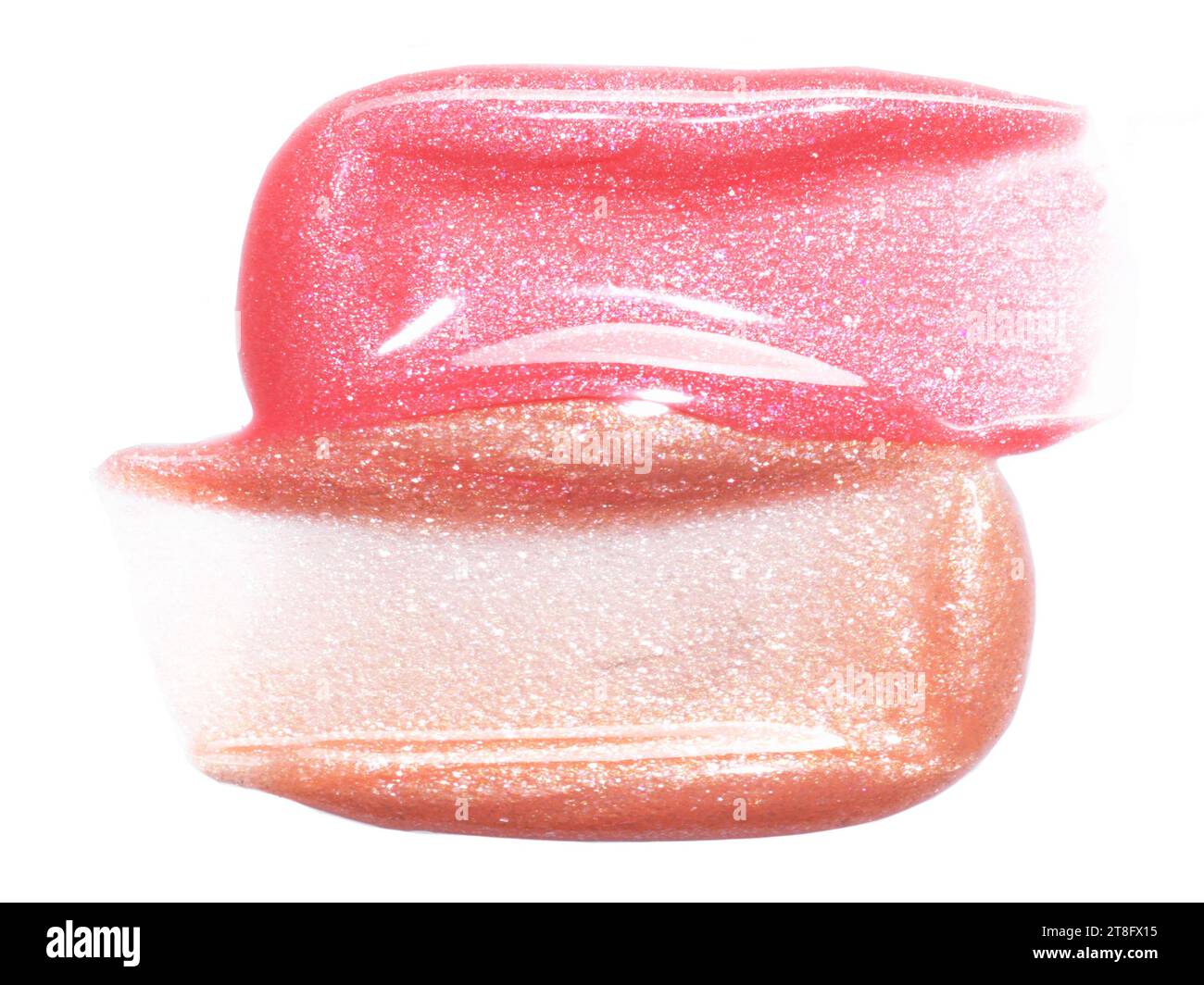 Pink gold lip gloss texture composition isolated on white background