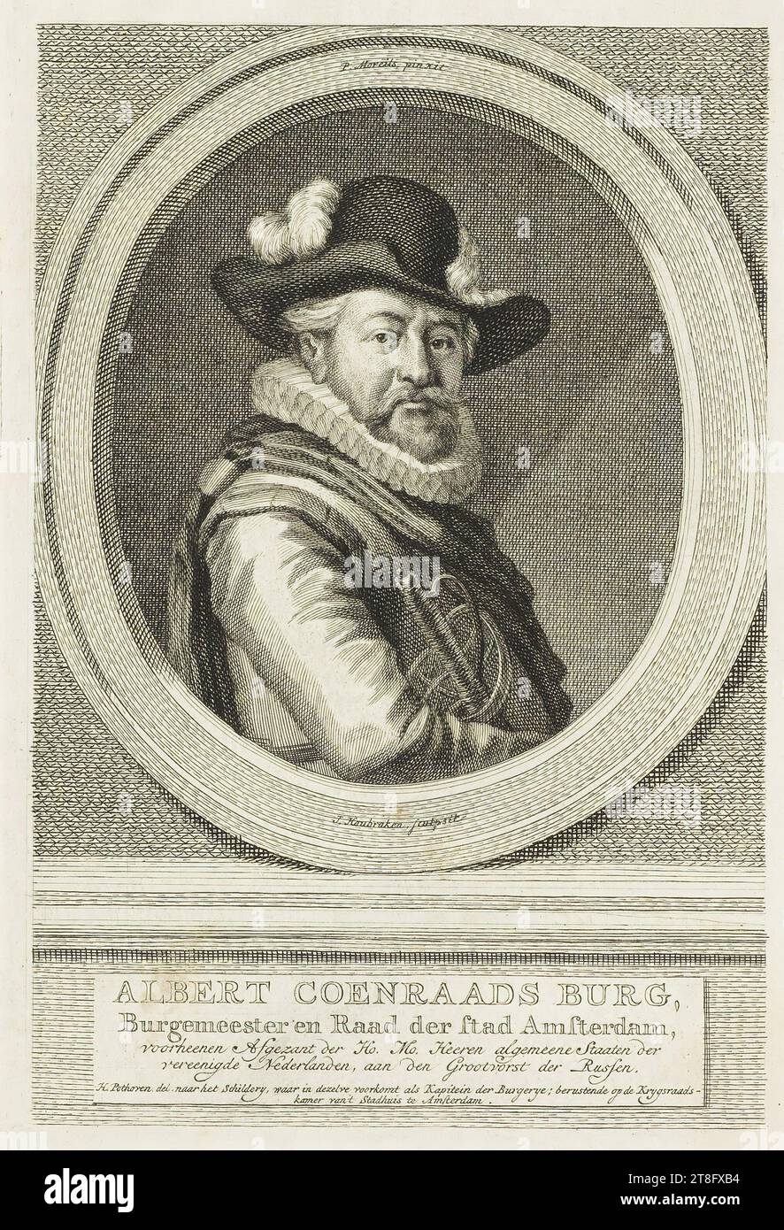 J. Houbraken Sculpsit. ALBERT COENRAADS BURG, Mayor and Council of the City of Amsterdam, formerly Emissary of the Ho. Mo. Lords General States of the United Netherlands, to the Grand Prince of Russia. H. Pothoven del, after the Painting, in which he appears as Captain of the Burgery, kept in the Council Chamber of the City Hall in Amsterdam Stock Photo