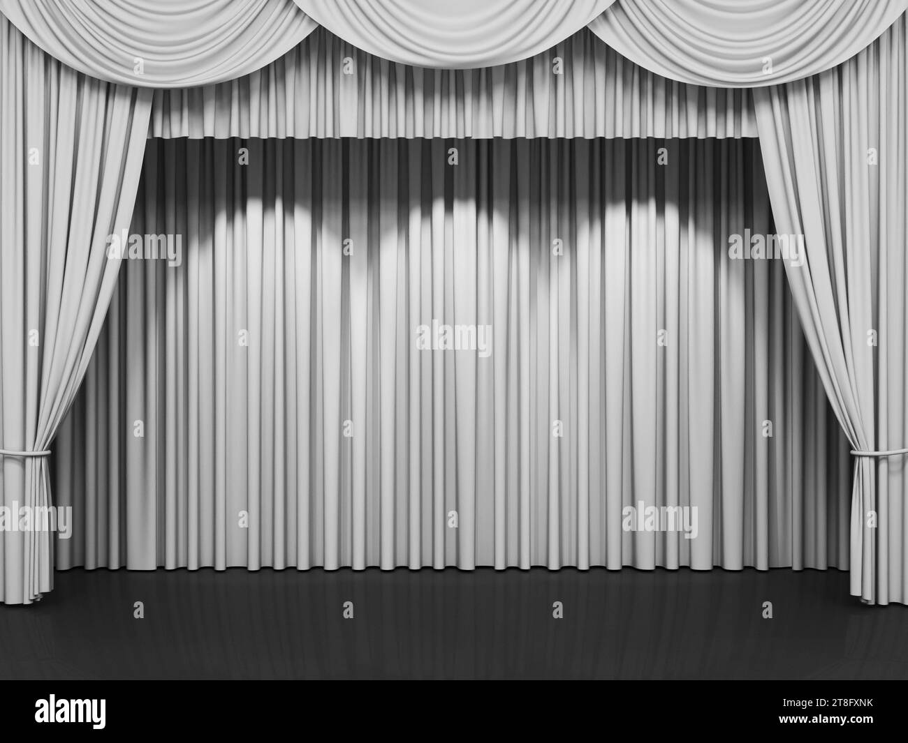 Luxury silk stage or window curtains. Interior design, waiting for show, movie end, revealing new product, premiere, marketing concept. 3D illustratio Stock Photo