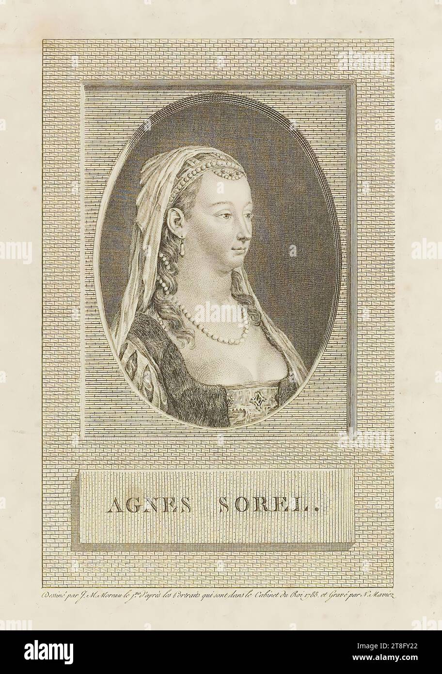 AGNES SOREL. Designed by J.M. Moreau le jne. after the Portraits which are in the Cabinet of the King 1788, and engraved by N. Maviez Stock Photo