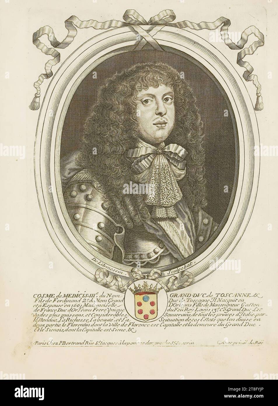 De L'armessin Sculpebat. COSME de MEDICIS, IIIrd, of the Name GRAND-DVC, of TOSCANNE, &, Son of Ferdinand 2nd, of the Name of Grand Duke of Toscanne He was born in, and hoped for in 166 j Mademoiselle D'Orleans Daughter of Monseigneur Gaston, of France Duke of 'Orleans Sole Brother of the 13th Feü Roÿ Louÿs This Grand Duke, Is, one of the most powerful, and Considerable Sovereigns of all the princes of Italy, by, the Extent, the Wealth, the beauty, and the Scituation of his Estates that we diuise into two parts the Florentine Stock Photo