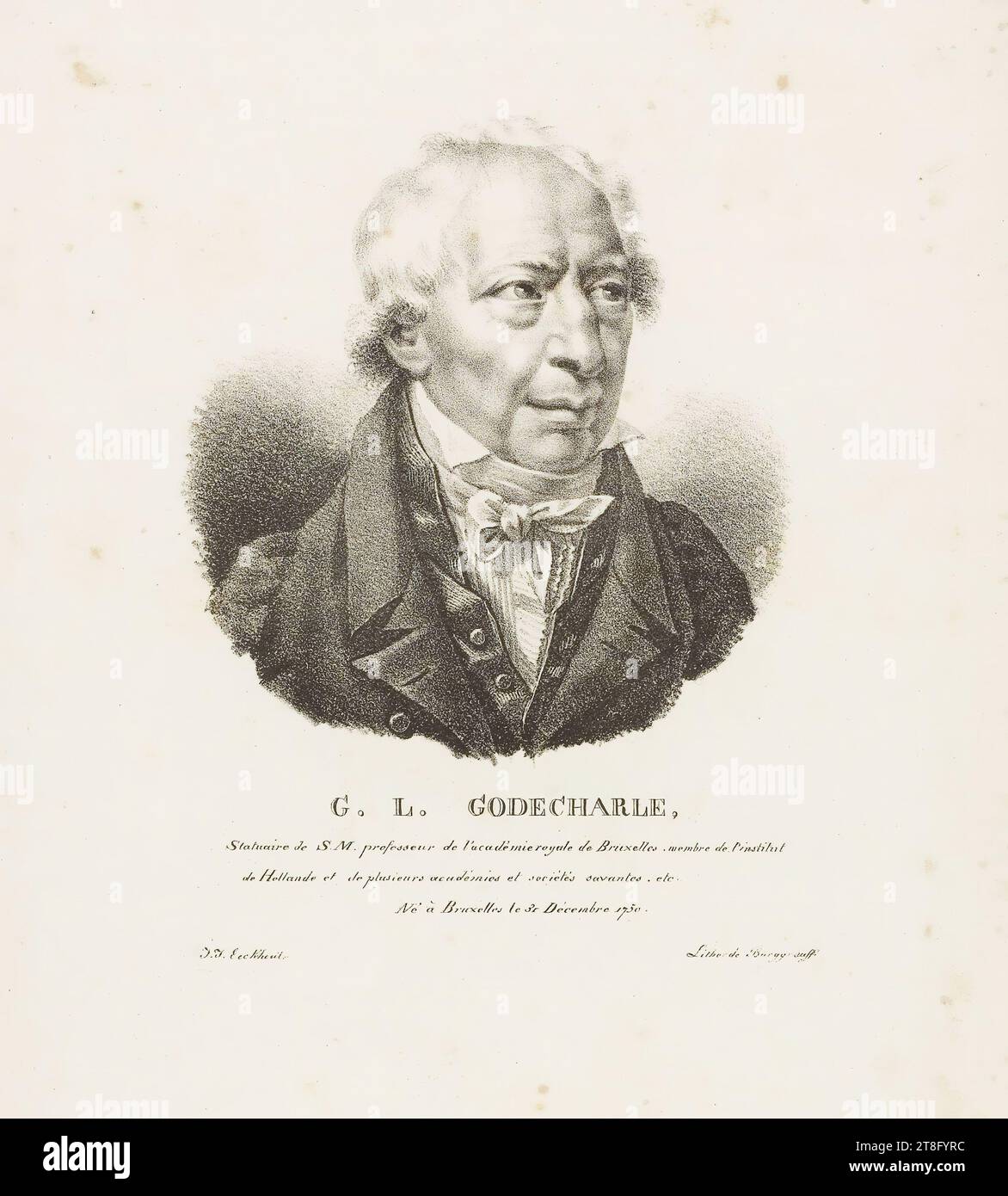 G. L. GODECHARLE, Statuary of H.M. professor of the royal academy of Brussels, member of the institute, of Holland and of several academies and learned societies. etc., Born in Brussels on December 31, 1750. J.J. Eeckhout fecit. Lithg of Burggraaff. illustration from: Collection of portraits of modern artists, born in the Kingdom of the Netherlands, drawn from nature by J. J. Eeckhout, and lithographed by G. P. Van den Burggraaff. Brussels 1822 Stock Photo