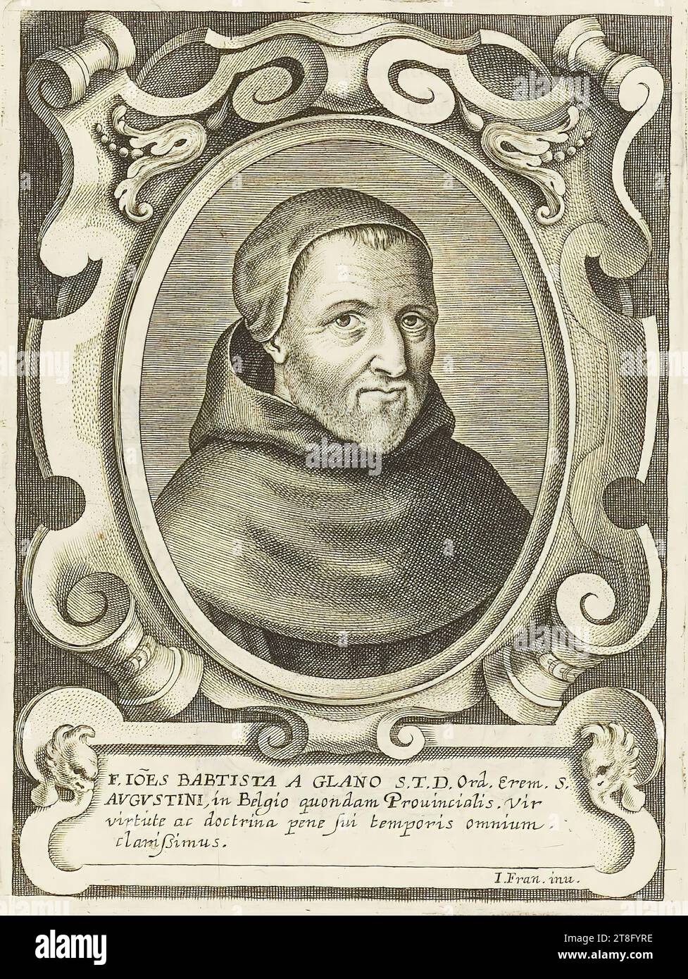 Probably engraved by Cornelius Galle. F. JOE BAPTISTA A GLANO ST.T.D. Ord. There was S. AVGVSTINI, once a Provincial in Belgium, a man, in virtue and learning, the most famous of almost all of his time. I. Fran. in Illustration from: C. de Corte, Men of illustrious men from the order of hermits..., 1636 Stock Photo