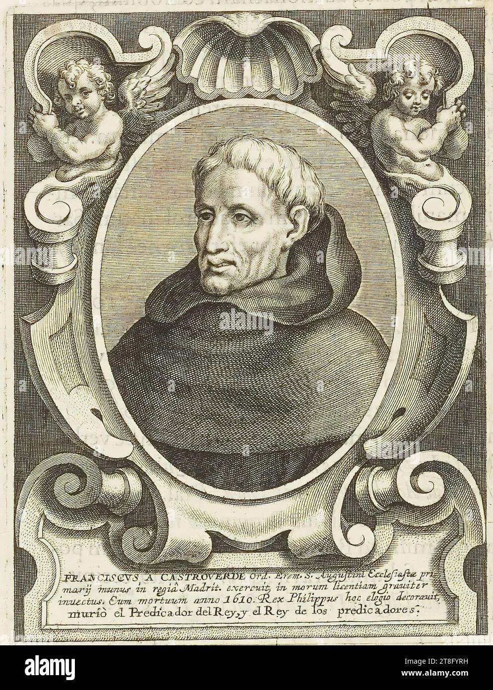 Probably designed by Jacques Franckaert II and engraved by Cornelius Galle. FRANCIS A CASTROVERDE Ord. I was S. Augustine Ecclesiastes pri, he exercised a great office in the kingdom of Madrid, and in the license of morals, he was severely indicted. Illustration from: C. de Corte, Men of illustrious men from the order of hermits..., 1636 Stock Photo