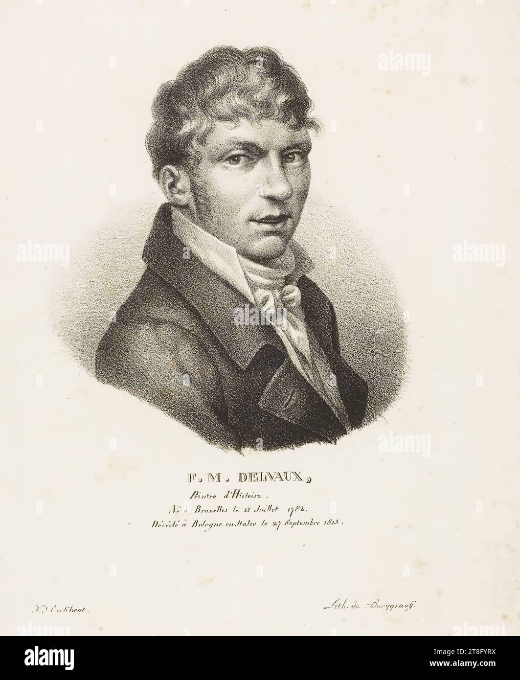 F.M. DELVAUX, History Painter, Born in Brussels on July 13, 1782., Died in Bologna in Italy on September 27, 1815. J.J. Eechhout. Lithog. from Burggraaf. illustration from: Collection of portraits of modern artists, born in the Kingdom of the Netherlands, drawn from nature by J. J. Eeckhout, and lithographed by G. P. Van den Burggraaff. Brussels 1822 Stock Photo