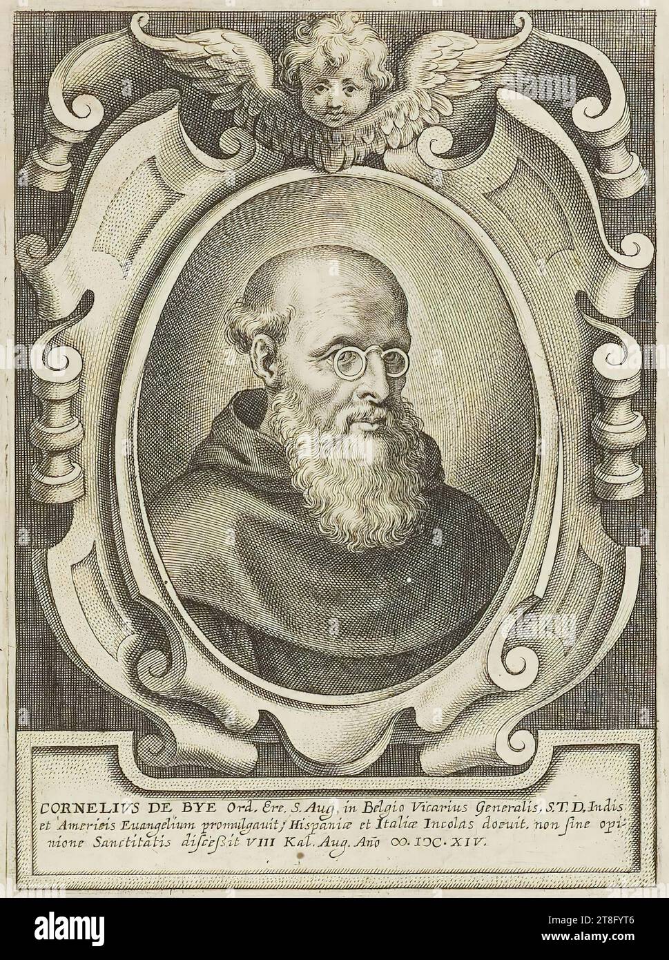 Probably designed by Jacques Franckaert II and engraved by Cornelius Galle. CORNELIUS DE BYE Ord. hon. St. Aug. in Belgium Vicar General, S.T.D. He preached the Gospel to the Indians and the Americas, taught the inhabitants of Spain and Italy, and departed not without the promise of sanctity. Aug. In the year ∞ IƆC. XIV. Illustration from: C. de Corte, Men of illustrious men from the order of hermits..., 1636 Stock Photo