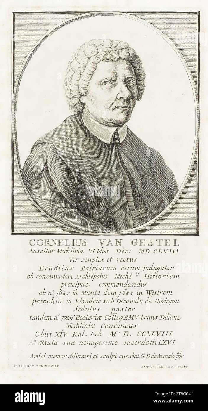 CORNELIUS VAN GESTEL, Born in Mechlinie 6 Idus Dec: MD 158, A simple and upright man, a true scholar of the Fatherland, for the cancinnat Archiepatus Mechlis History, to be especially commended, from a° 1685 in Munte, then in 1688 in Westre, Parishes in Flanders under the Deanate of Oerdegem, diligent Shepherd, at last 1726 Ecclesiae Colleg: B M V trans Dilia, Mechliniæ Canonicus, Obiit XIV. Kal Feb: M D C C 48, A°. In the ninetieth year of his age Stock Photo