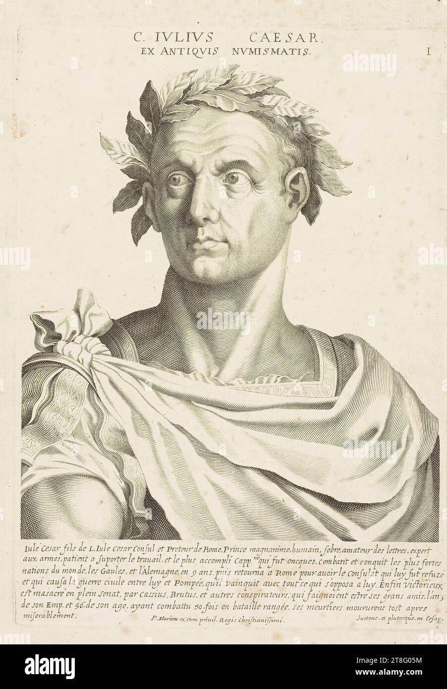 C. IVLIVS CAESAR, EX ANTIQVIS NVMISMATIS. I. Iule Cesar son of L.Iule Cesar Consul and Praetor of Rome, n Prince magnanimous, humane, sober, lover of letters, expert, in arms, patient in supporting work, and the most accomplished Cappne. who was once, fought and conquered the strongest, nations of the min of Gaul and Germany, in 9 years. then returned to Rome to have the Consulate which was refused to him, and which caused the civil war between him and Pompey, which he vanquished with all that opposed him. Finally victorious, is massacred in full senate, by Cassius, Brutus Stock Photo