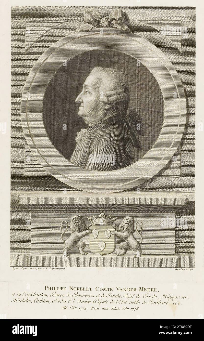 Drawn from Nature by A.B. De Quertenmont. Engraved by L. Copia. Engraved by Chevillet; S.M.I. engraver and Royal. PHILIPPE NORBERT COUNT VANDER MEERE, and de Cruÿshautem, Baron de Bautersem and de Jauche, Seigr. de Voorde, Huÿsgaver,n, Machelen, Cachtem, Rodes &c. Former Deputy of the noble State of Brabant &c., born in the year 1712., Received in the States in the year 1746. possibly illustration from: Recueil des portraits de Nosseigneurs les Etats de Brabant who attended the General Assembly, held in Brussels from April 17, 1787 until December 5 of the same year Stock Photo