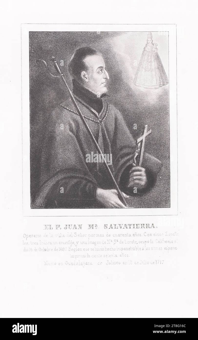 FATHER JUAN M.a SALVATIERRA., Worker in the Lord's vineyard for more than forty years. with cineq. Spain, the three Indians, a crucifix, and an image of N.a S.a de Loreto occupied California on October 16, 1697. A region that had become impenetrable to Spanish weapons for more than one hundred and seventy years, he died in Guadalajara de Jalisco on July 19, 1717 Stock Photo