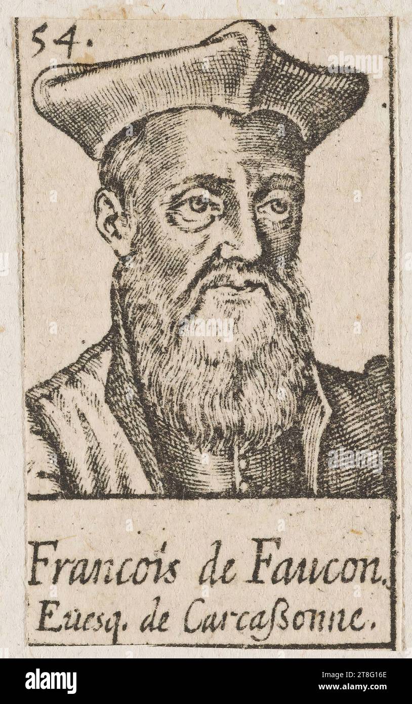 Originally one large print, each portrait was probably intended to be cut and pasted next to a text related to the sitter. 54. Francois de Faucon, Euesq. de Carcaβonne Stock Photo