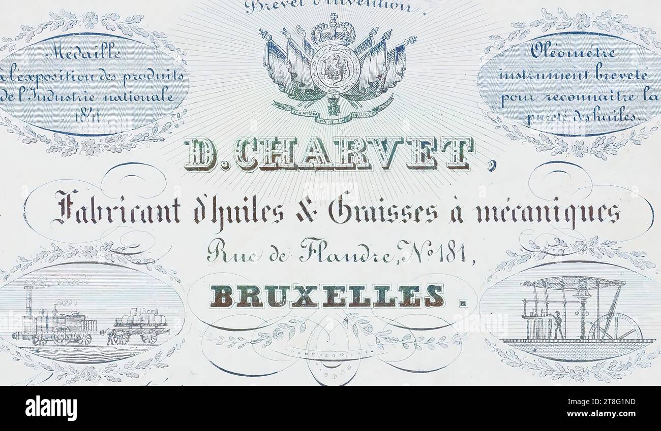 Advertising printing. Business cards. Price list. Patent. Medal, at the Exhibition of National Industry Products, 1841,. Oleometer, patented instrument, to recognize the purity of oils. D. CHARVET, Manufacturer of mechanical oils & greases, Rue de Flandre, N° 181, BRUSSELS. Represented by                     . Current price., without commitment, Superfine oil for locomotives, and mechanics       Stock Photo