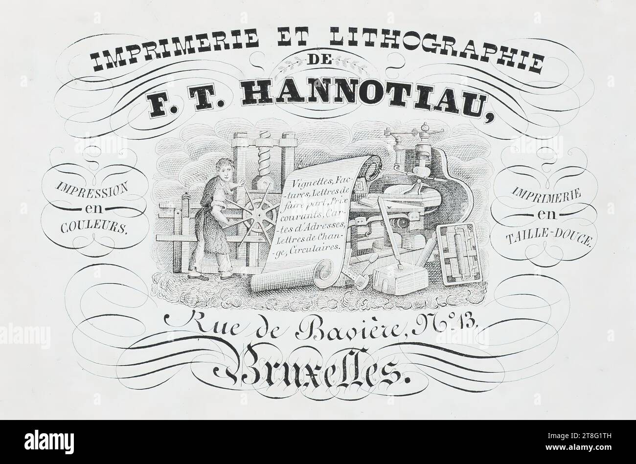 Advertising printing. Business cards. PRINTING AND LITHOGRAPHY, BY, F. T. HANNOTIAU,. PRINTING, and, COLORS. Thumbnails, Invoices, -tures, Letters, announcements, Prices, currents, Cards, -tes of Addresses. Letters of Chang-, -ge, Circulars. PRINTING, in, INtaglio. Bavaria street, no. 13, Brussels Stock Photo