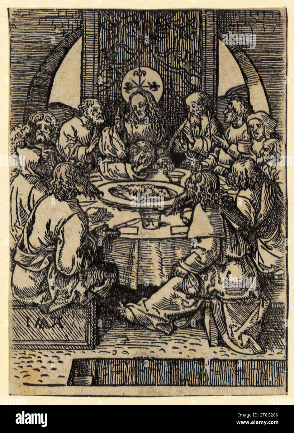 Jacob Cornelisz. van Oostsanen (1472, 1477 - 1533), Last Supper, sheet of the series 'The Little Passion Stomme passye', print medium: 1520 - 1521, woodcut, sheet size: 11.4 x 8.2 cm, lower left monogram 'I MVX ?; ligated A Stock Photo