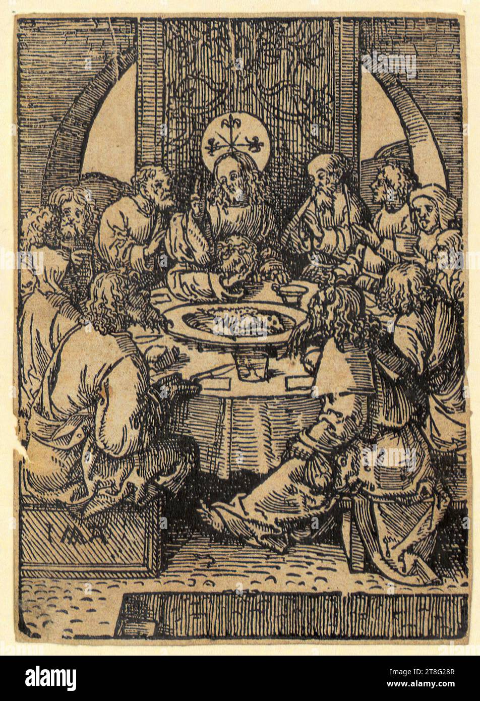 Jacob Cornelisz. van Oostsanen (1472, 1477 - 1533), Last Supper, sheet of the series 'The Little Passion Stomme passye', print medium: 1520 - 1521, woodcut, sheet size: 11.2 x 8.1 cm, monogrammed lower left on bench 'I MVX ?; ligated A Stock Photo