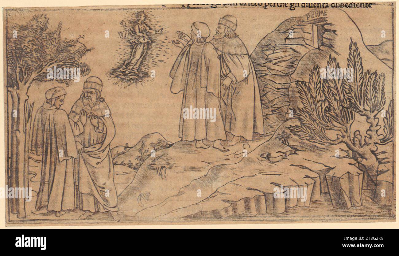Baccio Baldini (1436 c. - 1487)Sandro Botticelli (1445 c. - 1510), after, Dante and Virgil with the apparition of Beatrice, origin of the print: 1481, copperplate engraving, sheet size: 9.9 x 17.6 cm, top right inscribed 'PERME', verso flow text of the Dante edition Stock Photo