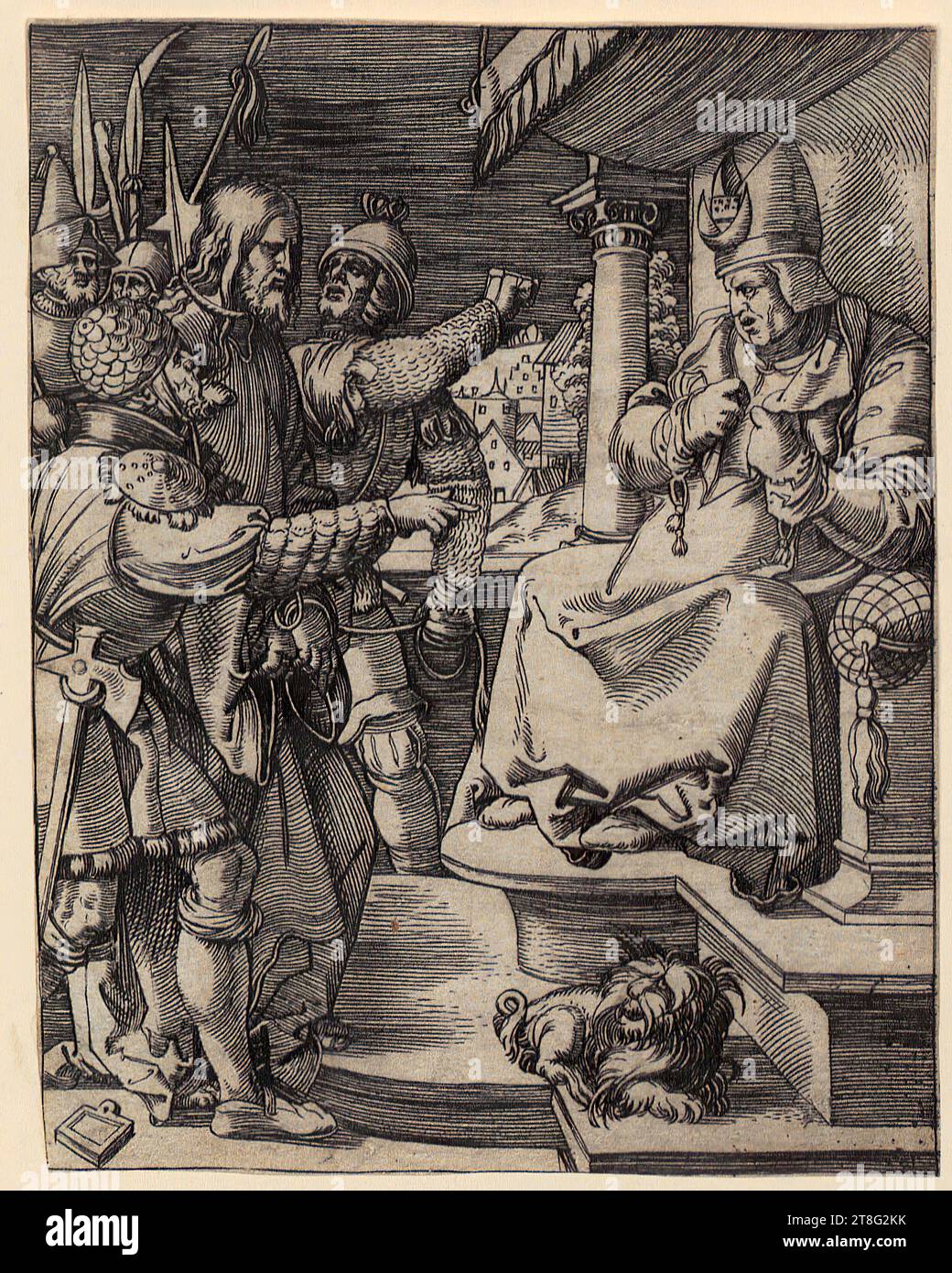 Marcantonio Raimondi (1470, 1482 um - um 1527, 1534), artist Albrecht Dürer (1471 - 1528), copy after, Christ before Caiaphas, sheet 14 of the series 'The Passion of Christ', origin of the print: 1510 - 1515, copperplate engraving, sheet size: 12.3 x 9.6 cm, lower left small text plate not monogrammed Stock Photo