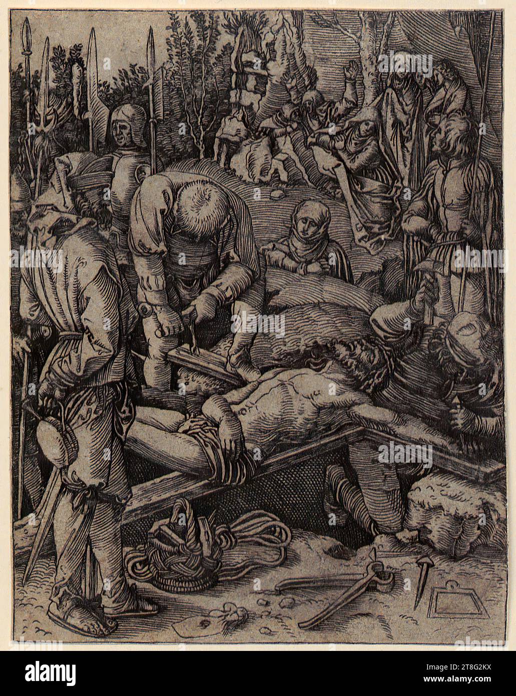 Marcantonio Raimondi (1470, 1482 um - um 1527, 1534), artist Albrecht Dürer (1471 - 1528), copy after, Christ is nailed to the cross, sheet 24 of the series 'The Passion of Christ', origin of the print medium: 1510 - 1515, copperplate engraving, sheet size: 12.5 x 9.6 cm, lower right small text panel not monogrammed Stock Photo