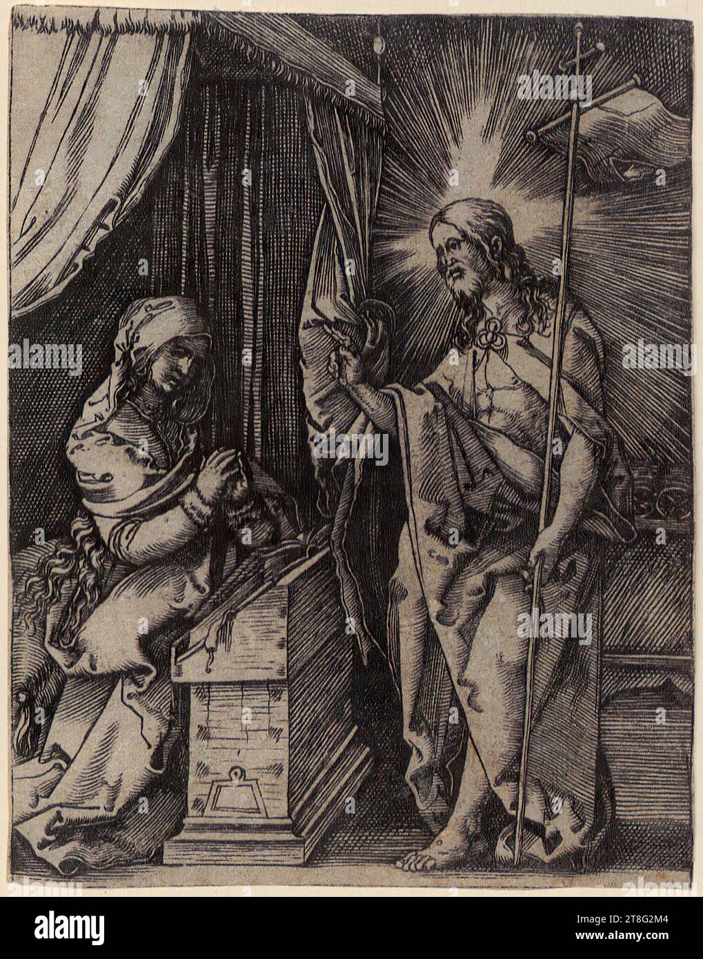 Marcantonio Raimondi (1470, 1482 um - um 1527, 1534), artist Albrecht Dürer (1471 - 1528), copy after, Christ appears to his mother, sheet 31 of the series 'The Passion of Christ', origin of the print medium: 1510 - 1515, copperplate engraving, sheet size: 12.4 x 9.7 cm, lower left small text panel not monogrammed Stock Photo