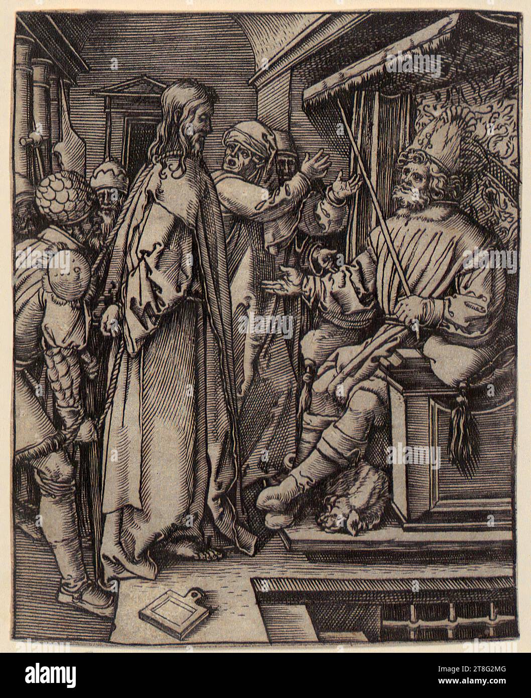 Marcantonio Raimondi (1470, 1482 um - um 1527, 1534), artist Albrecht Dürer (1471 - 1528), copy after, Christ before Herod, sheet 17 of the series 'The Passion of Christ', origin of the print: 1510 - 1515, copperplate engraving, sheet size: 12.3 x 9.9 cm, lower center small text panel not monogrammed Stock Photo