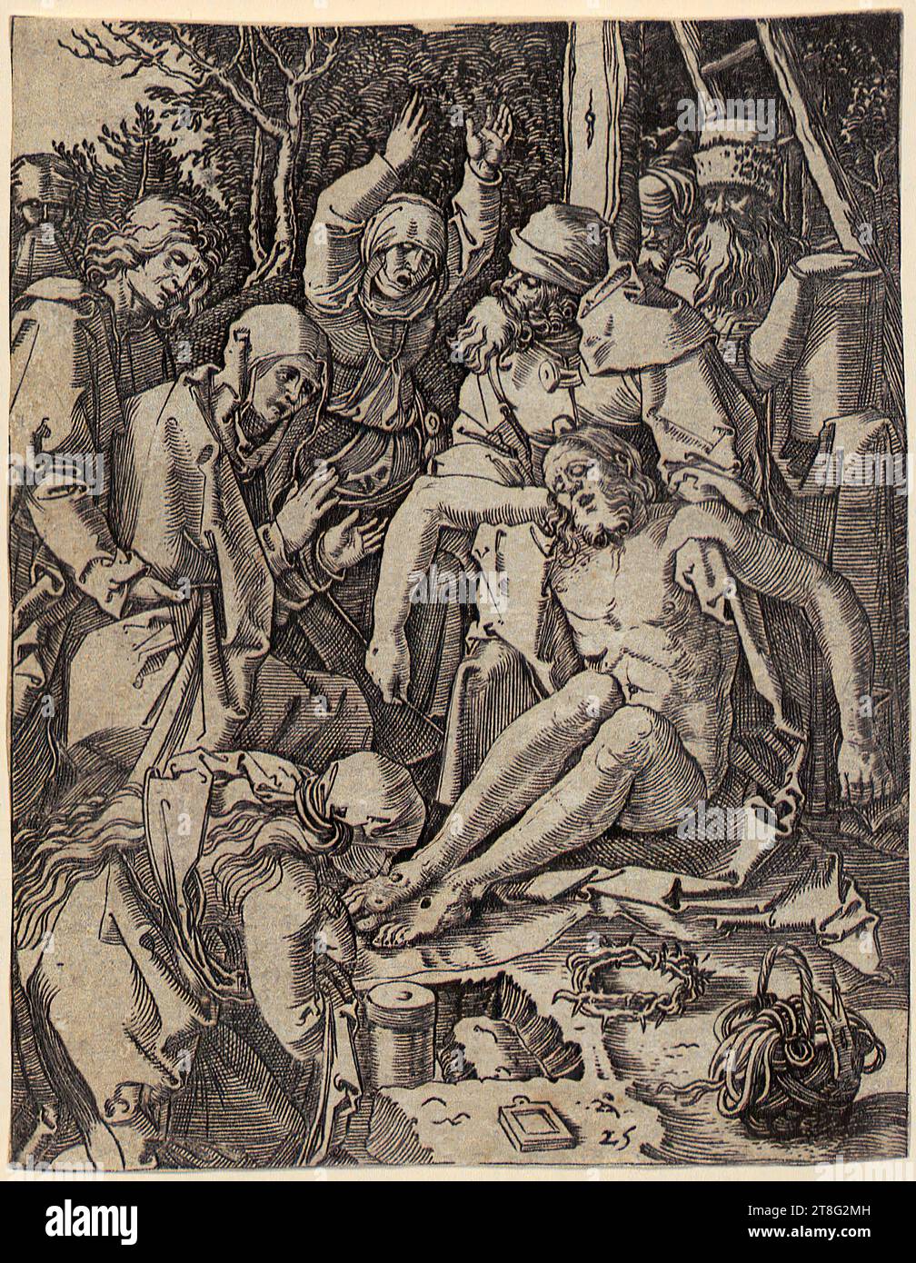 Marcantonio Raimondi (1470, 1482 um - um 1527, 1534), artist Albrecht Dürer (1471 - 1528), copy after, Lamentation of Christ, sheet 28 of the series 'The Passion of Christ', origin of the print: 1510 - 1515, copperplate engraving, sheet size: 12.4 x 9.7 cm, bottom center small plate not monogrammed and bottom center numbered '25 Stock Photo