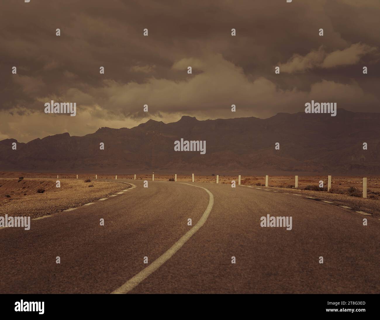 The empty asphalt road through the desert during the cloudy sandy day in Northern Africa (Tunisia). Stock Photo