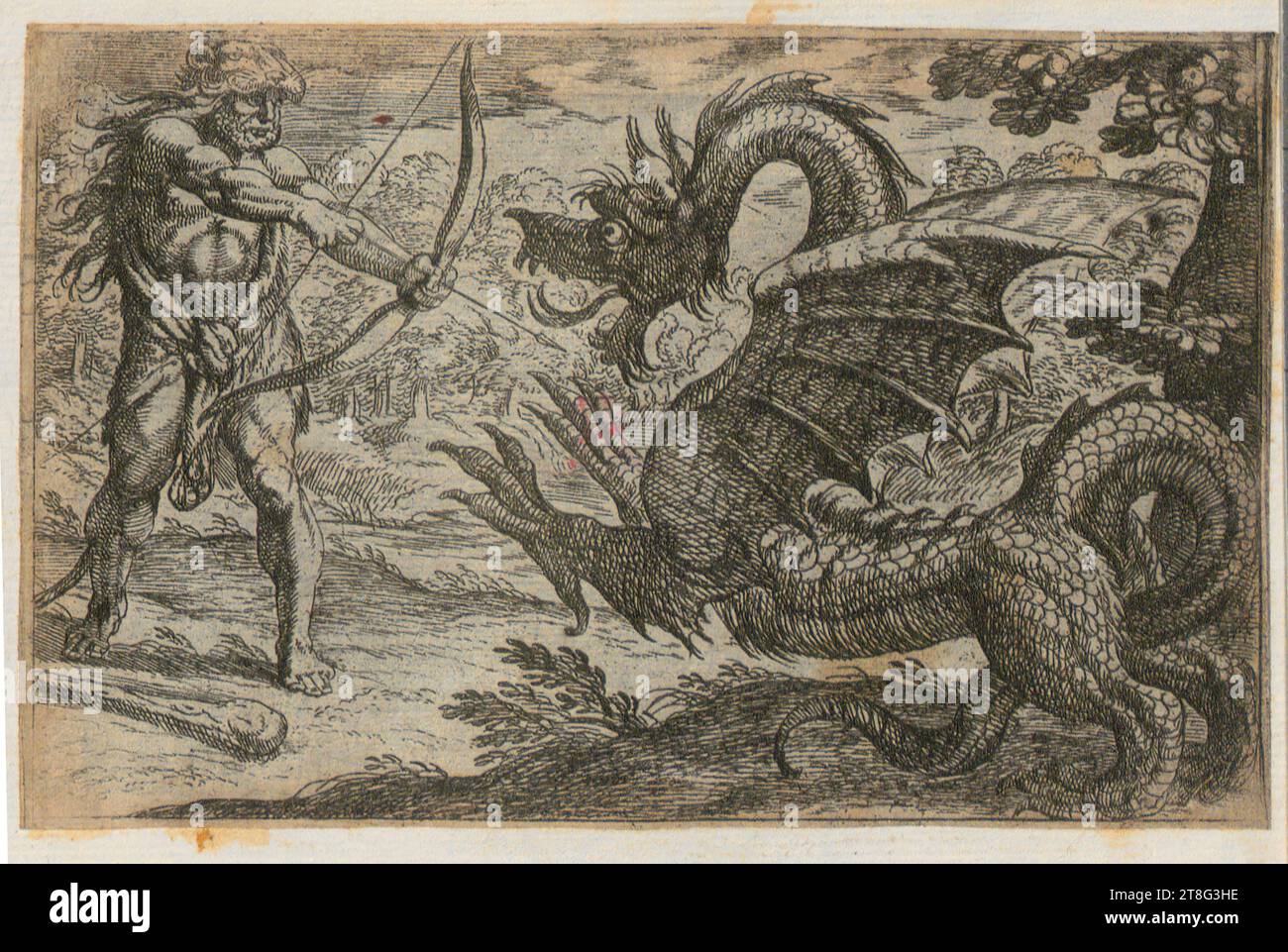 Antonio Tempesta (1555 - 1630), artist Nicolas van Aelst (1526 - 1613), editor, Hercules slays the dragon Ladon, origin of the print medium: 1608, etching, sheet size: 9.2 x 14.2 cm Stock Photo