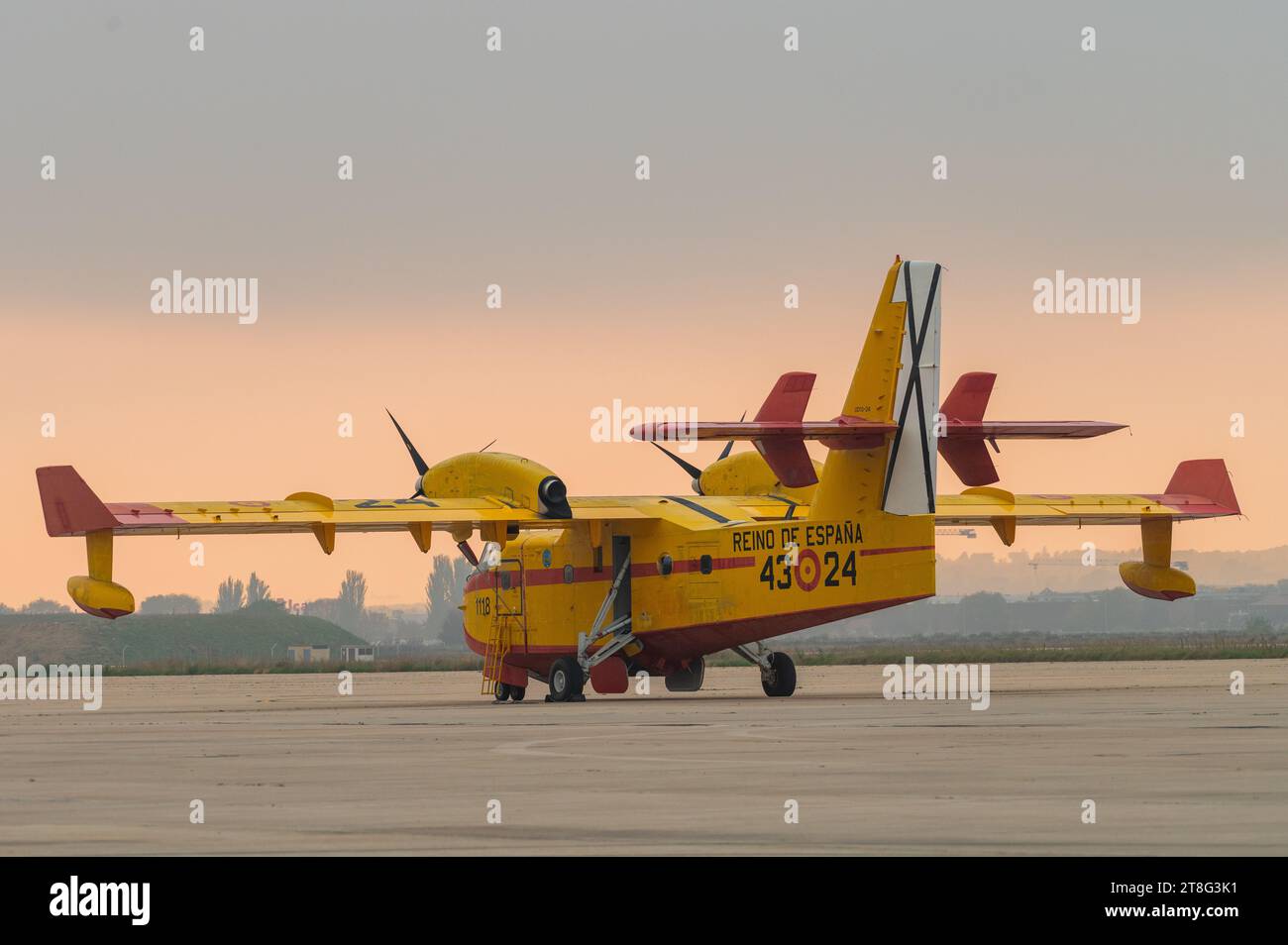 A Bombardier CL-215T/415 airplane used to extinguish forest fires is seen on the runway at the Torrejon de Ardoz Air Force Base. Stock Photo