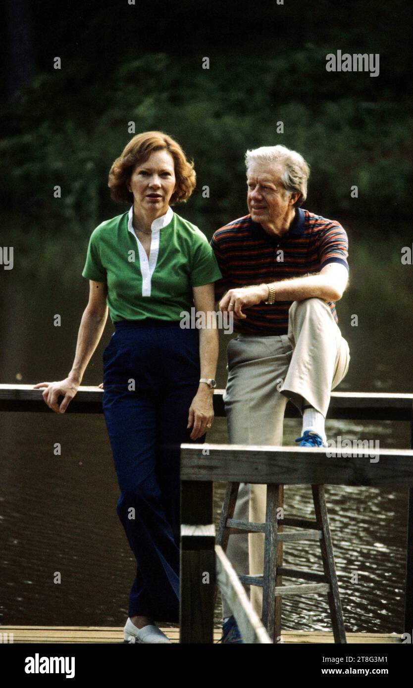 Rosalynn Carter (August 18, 1927 - November 19, 2023) was an American writer and and mental health advocate, who served as the first lady of the United States from 1977 to 1981, as the wife of President Jimmy Carter. For the decades she was in public service, she was a leading advocate for numerous causes, including mental health and equal rights. FILE PHOTO SHOT ON: May 1, 1982, Plains, Georgia, USA; Former US President JIMMY CARTER and wife ROSALYNN CARTER by Miss Lillian's Pond at his hometown of Plains, Georgia. (Credit Image: © Arthur Grace/ZUMA Press Wire) EDITORIAL USAGE ONLY! Not for C Stock Photo