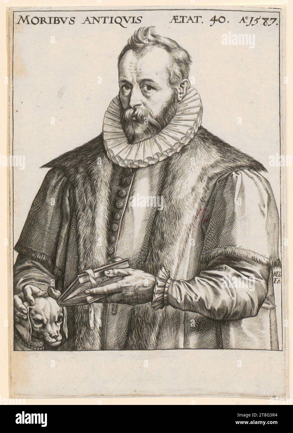 Hendrick Goltzius (1558 - 1617), artist, portrait of Justus Lipsius, print date: 1587, copperplate engraving, sheet size: 14.3 x 10.2 cm, inscribed and dated at top 'MORIBVS ANTQVIS ÆTAT. 40. A° 1587.' and monogrammed lower right 'HG Stock Photo