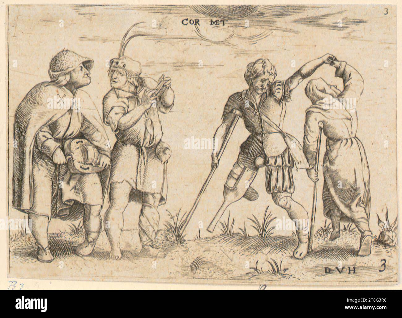 Dirck van Hoogstraten (1596 c. - 1640)Cornelis Massys (1510 c. - c. 1557), copy after, A dancing beggar couple and two musicians, sheet of the series 'Beggars', origin of the print: 1606 - 1640, copperplate engraving, sheet size: 6.4 x 9.0 cm, top center inscribed 'COR MET'; top right numbered '3'; bottom right monogrammed and numbered Stock Photo