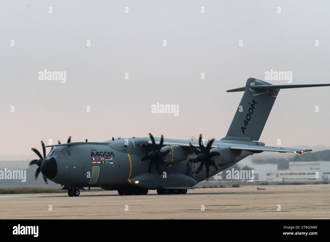 An Airbus A400M airplane is seen on the runway at the Torrejon de Ardoz Air Force Base. Stock Photo