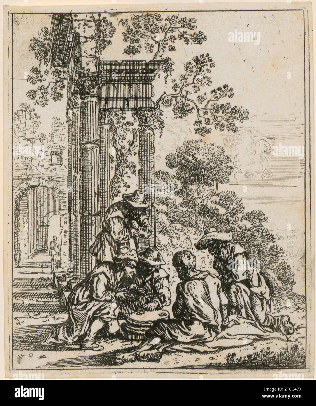 Frans Geffels (1625 - 1694), Card Player, sheet 2 of the series 'Landscapes with Ruins, Architectural Depictions and Figures', print medium: circa 1659 - 1671, etching, sheet size: 15.5 x 12.8 cm Stock Photo