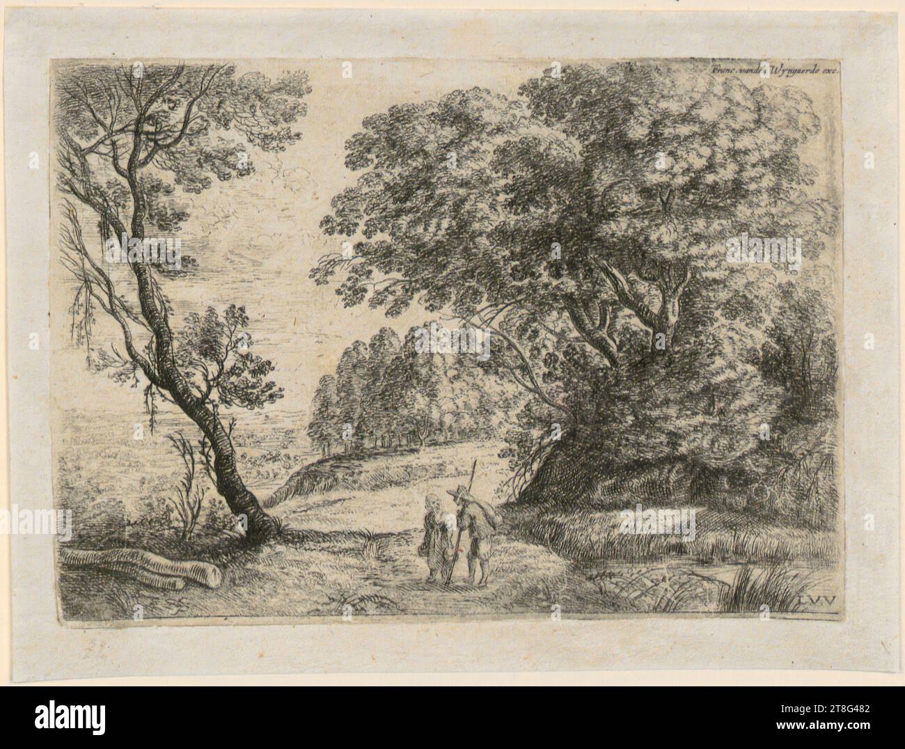 Lucas van Uden (1595 - 1672), Landscape with a farmer and a farmer's wife in conversation, sheet 2 of the set 'Six Landscapes', print medium: 1610 - 1672, etching and copperplate engraving, sheet size: 9.3 x 13.5 cm platemark: 9.4 x 13.1 cm, inscribed upper right 'Franc. vanden Wyngaerde exc.'; monogrammed lower right 'L.V.V Stock Photo