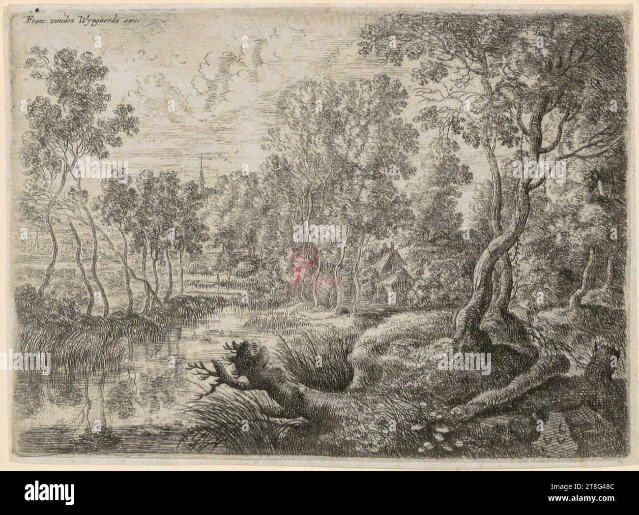 Lucas van Uden (1595 - 1672)Frans van den Wyngaerde (1614 - 1679), publisher, floodplain landscape with stream surrounded by trees, sheet 3 of the series 'Six Landscapes', origin of the print medium: 1610 - 1672, etching and engraving, sheet size: 9. 7 x 13.4 cm, upper left inscribed 'Franc. vanden Wyngaerde exc.'; lower right monogrammed 'L, VV', verso lower left black Stock Photo