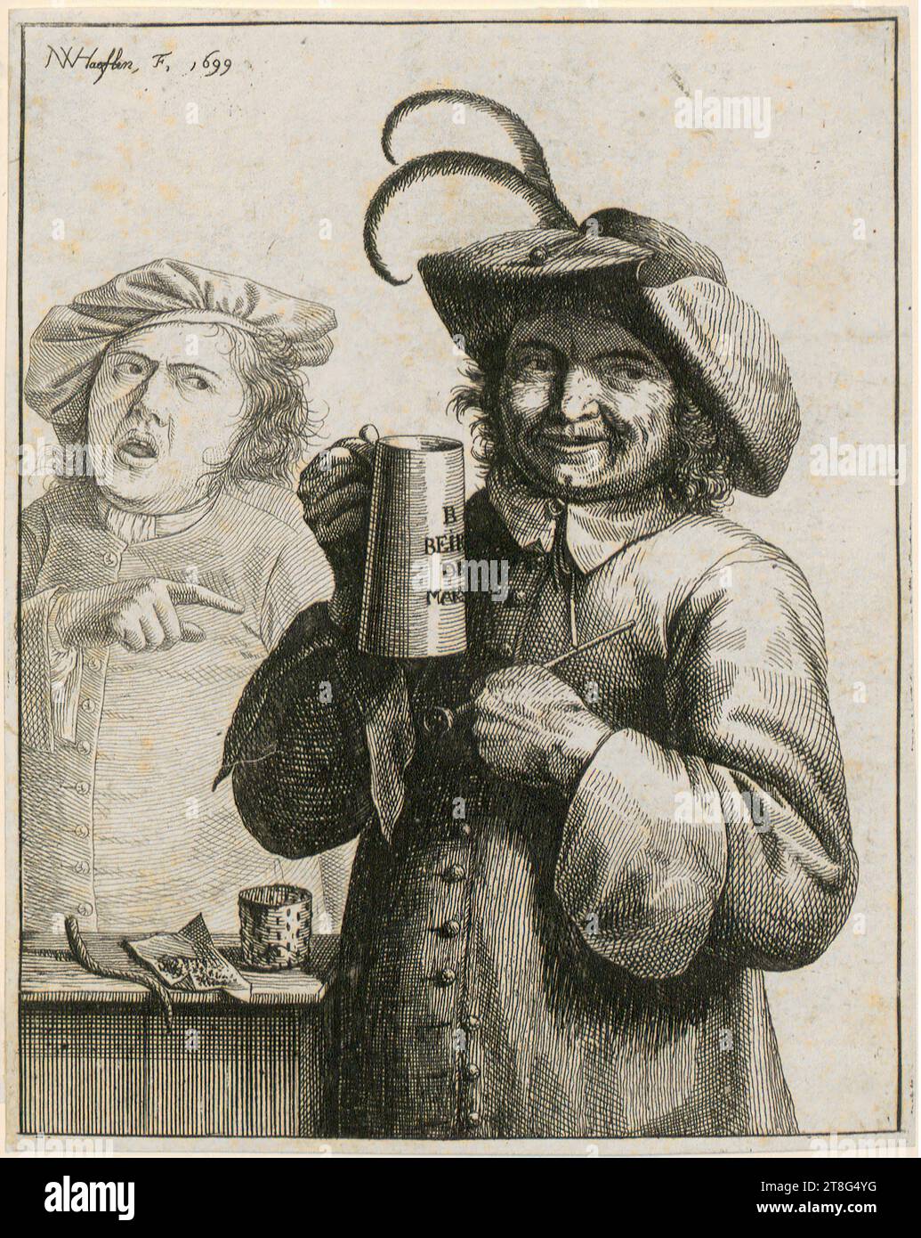 Nicolas van Haften (1663 um - 1715), smoker with jug and pipe, in the background a second man, print date: 1699, etching, sheet size: 15.2 x 12.1 cm, signed and dated upper left 'NVHaeften F. 1699' and inscribed on the jug 'B BEIR DE MARS Stock Photo