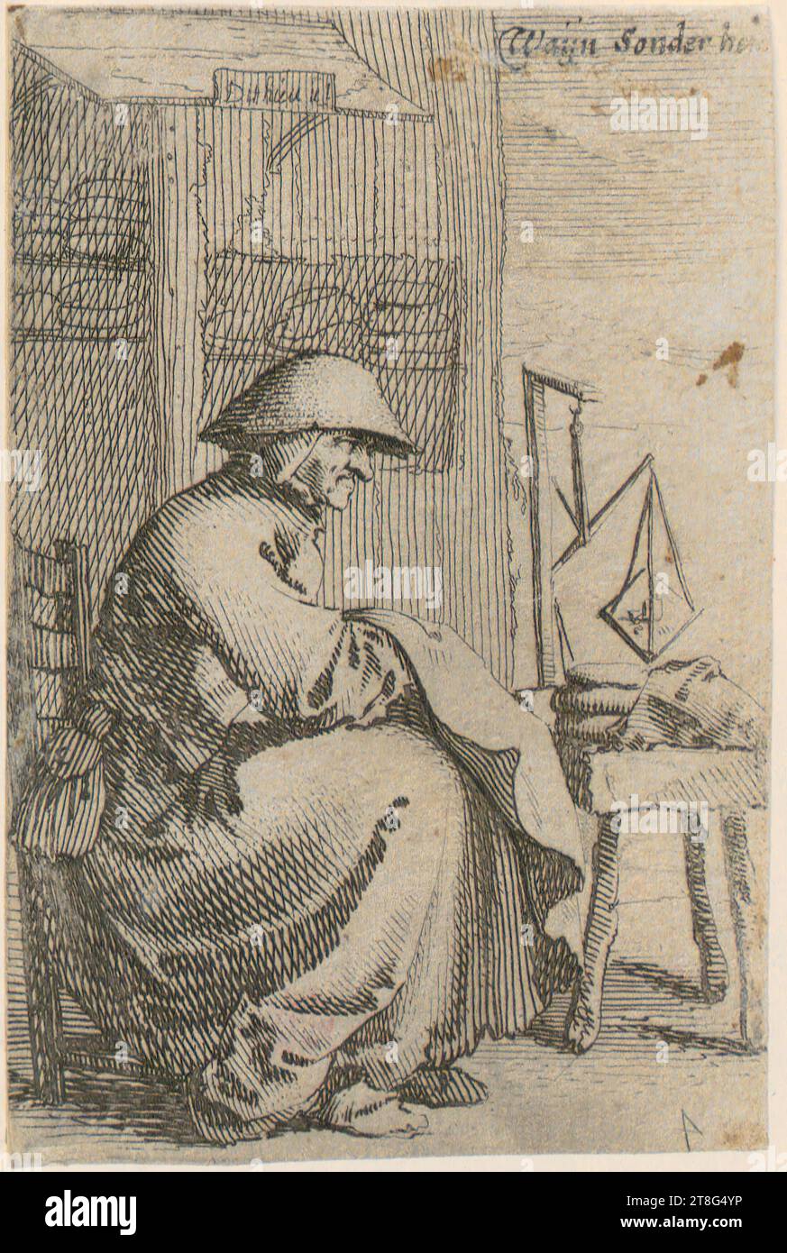 Salomon Savery (1594 - 1665), execution Pieter Jansz. Quast (1605, 1606 um - 1647), after, Seated woman in profile to the right, holding a cloth in her hands, sheet 4 of the set 'The life of the peasants', Origin of the print medium: c. 1630 - 1665, copperplate engraving and etching, sheet size: 12.2 x 8.0 cm (trimmed)' Inscribed 'Waÿn Sonder hemt' at upper right and numbered '4' at lower right number reversed Stock Photo