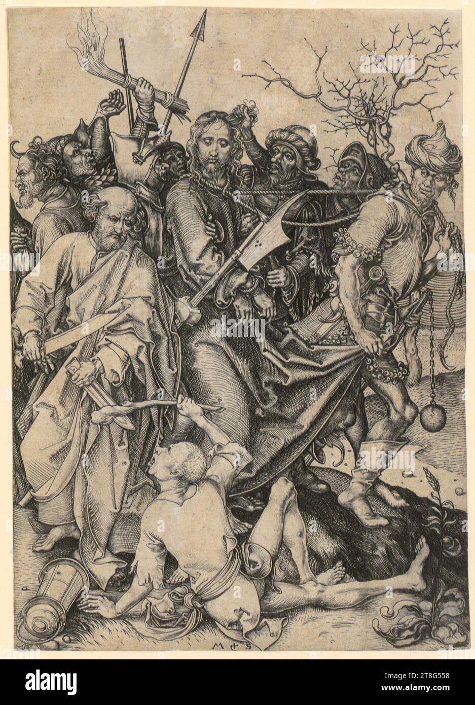 Martin Schongauer (1450 um - 1491), artist, Betrayal and Capture of Christ, sheet 2 of the series 'The Passion of Christ', print medium: 1470 - 1482, copperplate engraving, sheet size: 16.2 x 11.5 cm, bottom center monogrammed 'M + S Stock Photo