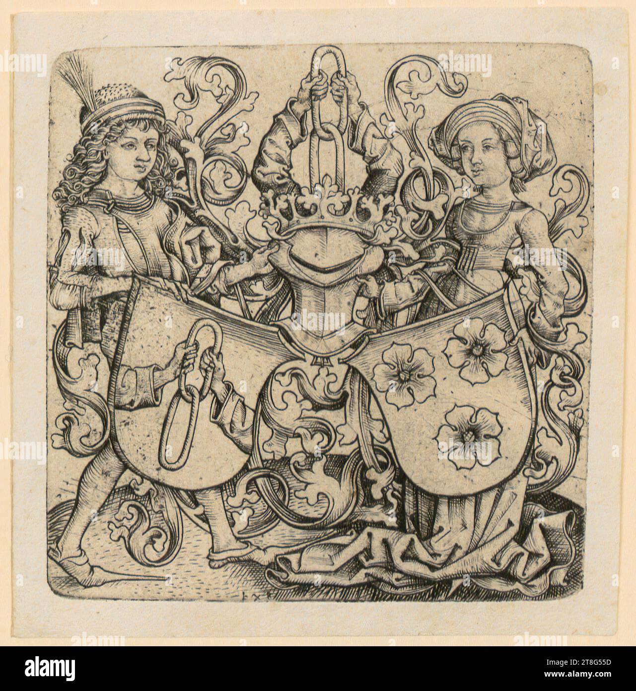 Monogramist BXG (15th century, 2nd half), coat of arms of the families Rohrbach and von Holzhausen, origin of the print carrier: c. 1476 - 1485 ?, copperplate engraving, sheet size: 10.8 x 10.4 cm plate margin: 9.5 x 9.3 cm, bottom center monogrammed 'bxg', verso bottom left dealer's note with graphite '23288, RZ Stock Photo