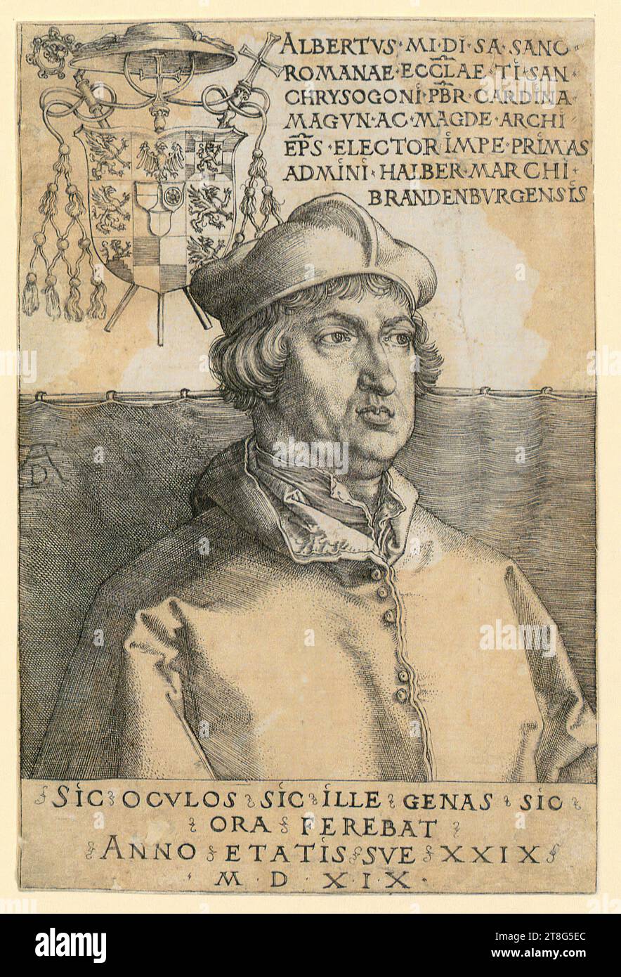 Anonymous (date unknown), etcher Albrecht Dürer (1471 - 1528), copy after detail from 'Das Wappen mit dem Totenkopf', Albrecht Dürer (1471 - 1528), artist, portrait of Cardinal Albrecht von Brandenburg, print medium: 1519, copperplate engraving, sheet size: 14. 6 x 9.7 cm, inscription at upper left 'ALBERTVS.MI.DI.SA.SANC, ROMANAE.ECCLAE.TI.SAN, CHRYSOGONI.PBR.CARDINA., MA Stock Photo