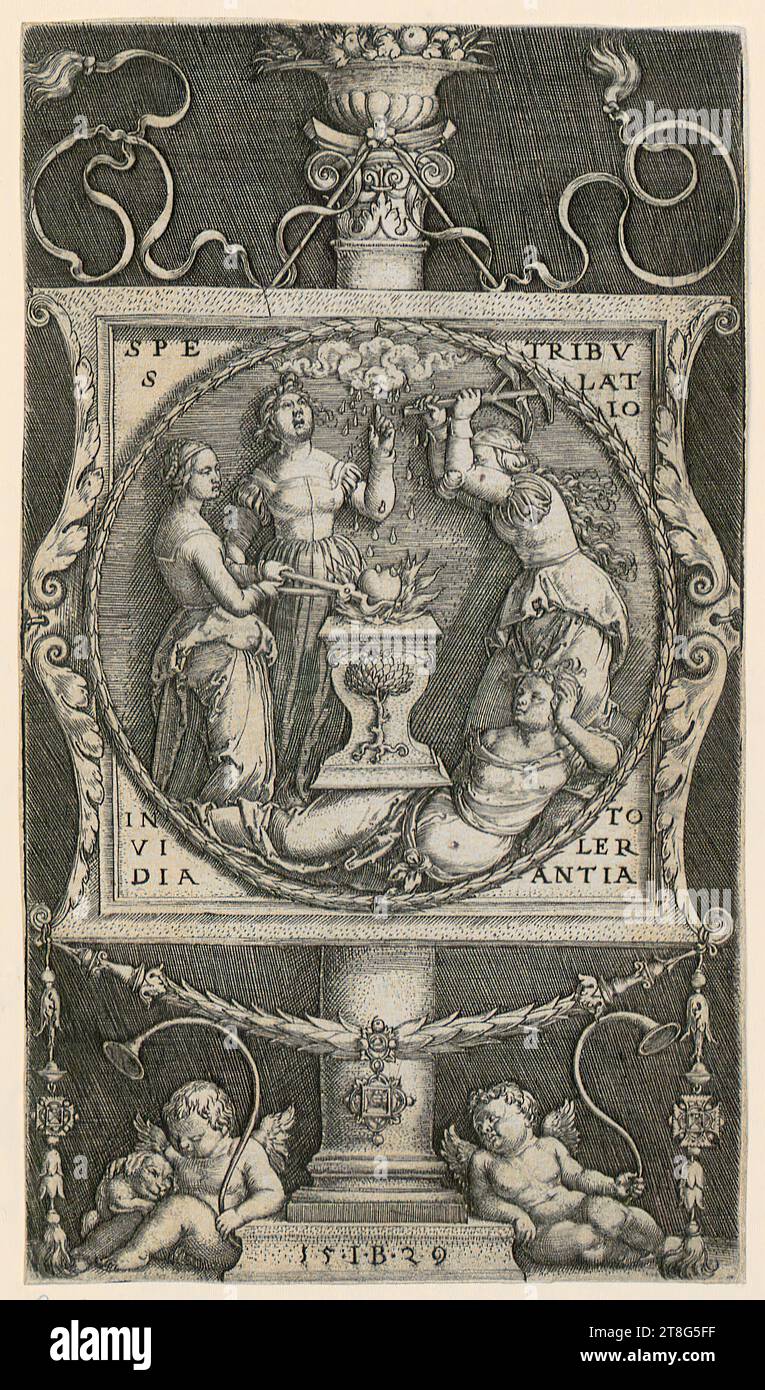 Monogramist IB Nagler III 1950 (1523 - 1530 mentioned at), artist, emblem with heart forge and the personifications of Invidia, Spes, Tribulatio and Tolerantia, print date: 1529, copperplate engraving, sheet size: 14.8 x 8.5 cm, top left inscribed 'SPE, S'; top right inscribed 'TRIBV, LAT, IO'; bottom left inscribed Stock Photo